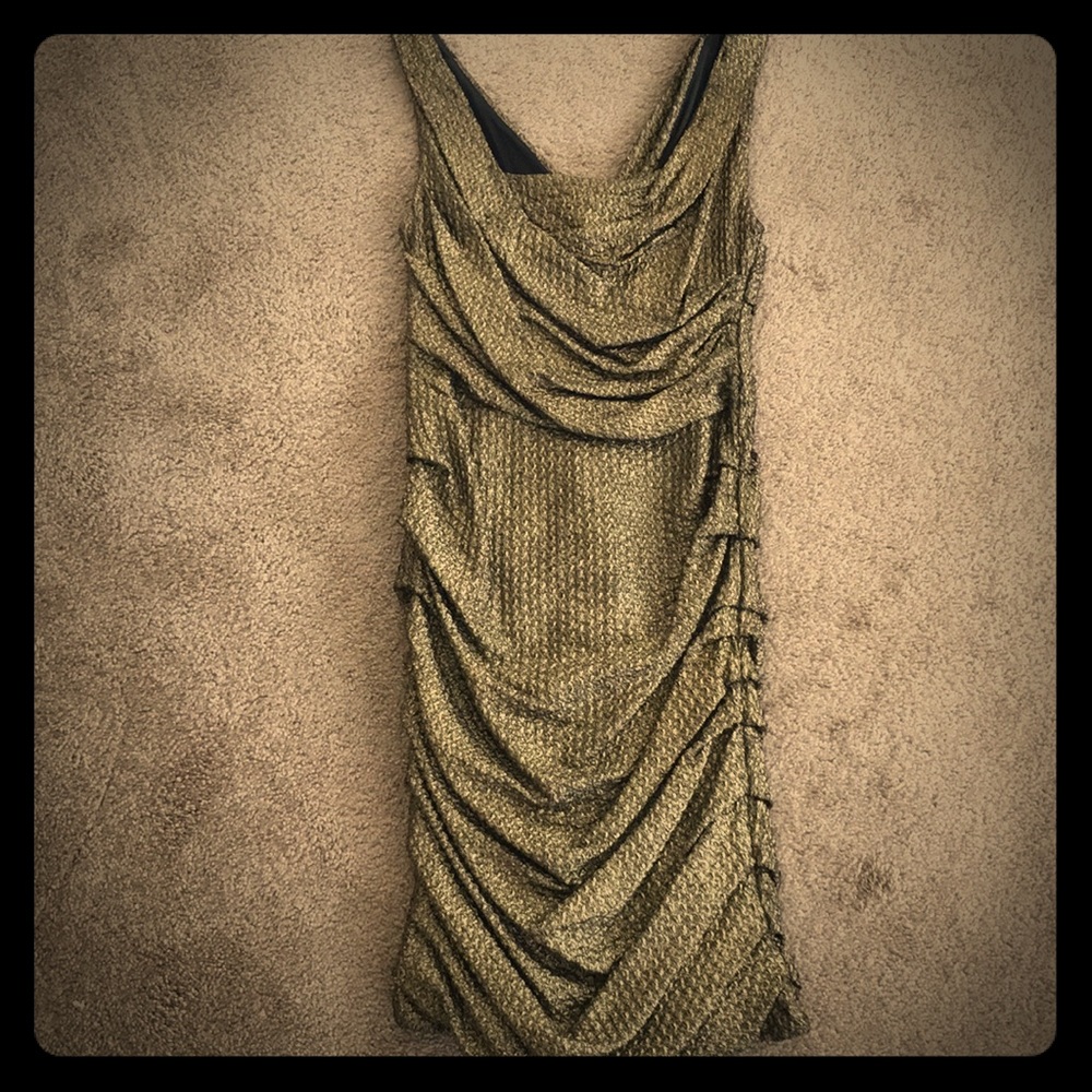 NWOT Express Gold and Black ruched fitted dress
